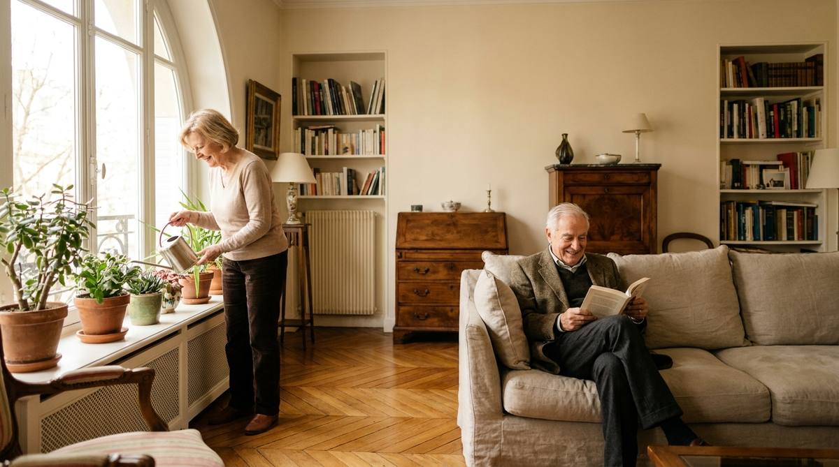 Un couple de seniors heureux dans leur salon lumineux