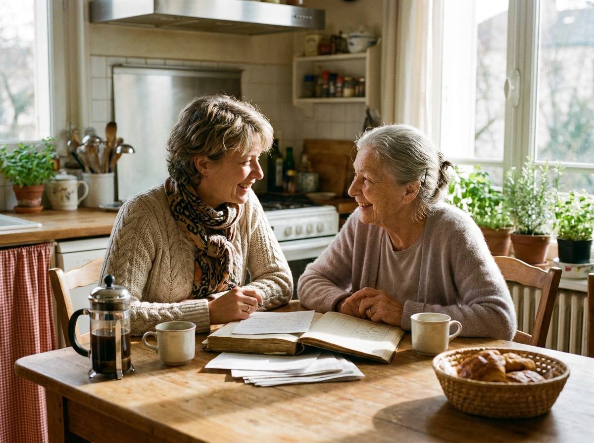 Une fille adulte consulte des documents avec sa mère âgée à une table en bois.