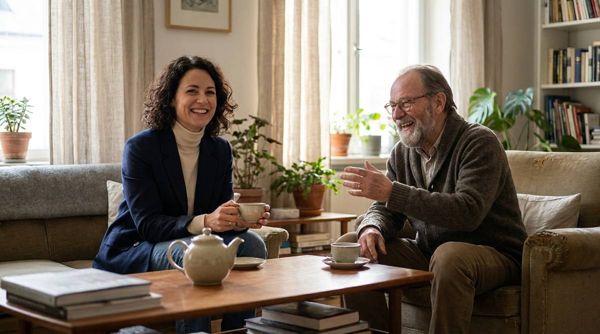 Une conseillère et un senior partagent un moment convivial à domicile.